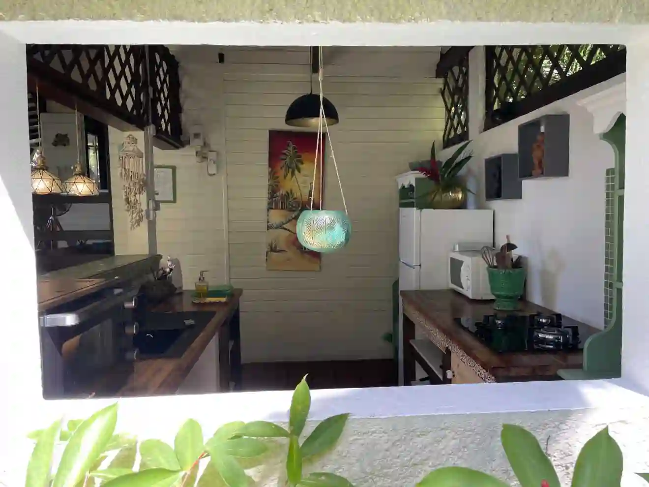An outdoor kitchen from which you can admire our tropical garden